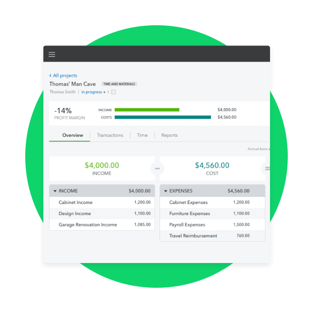 Simulated QuickBooks page shows details from a company’s project financials report.